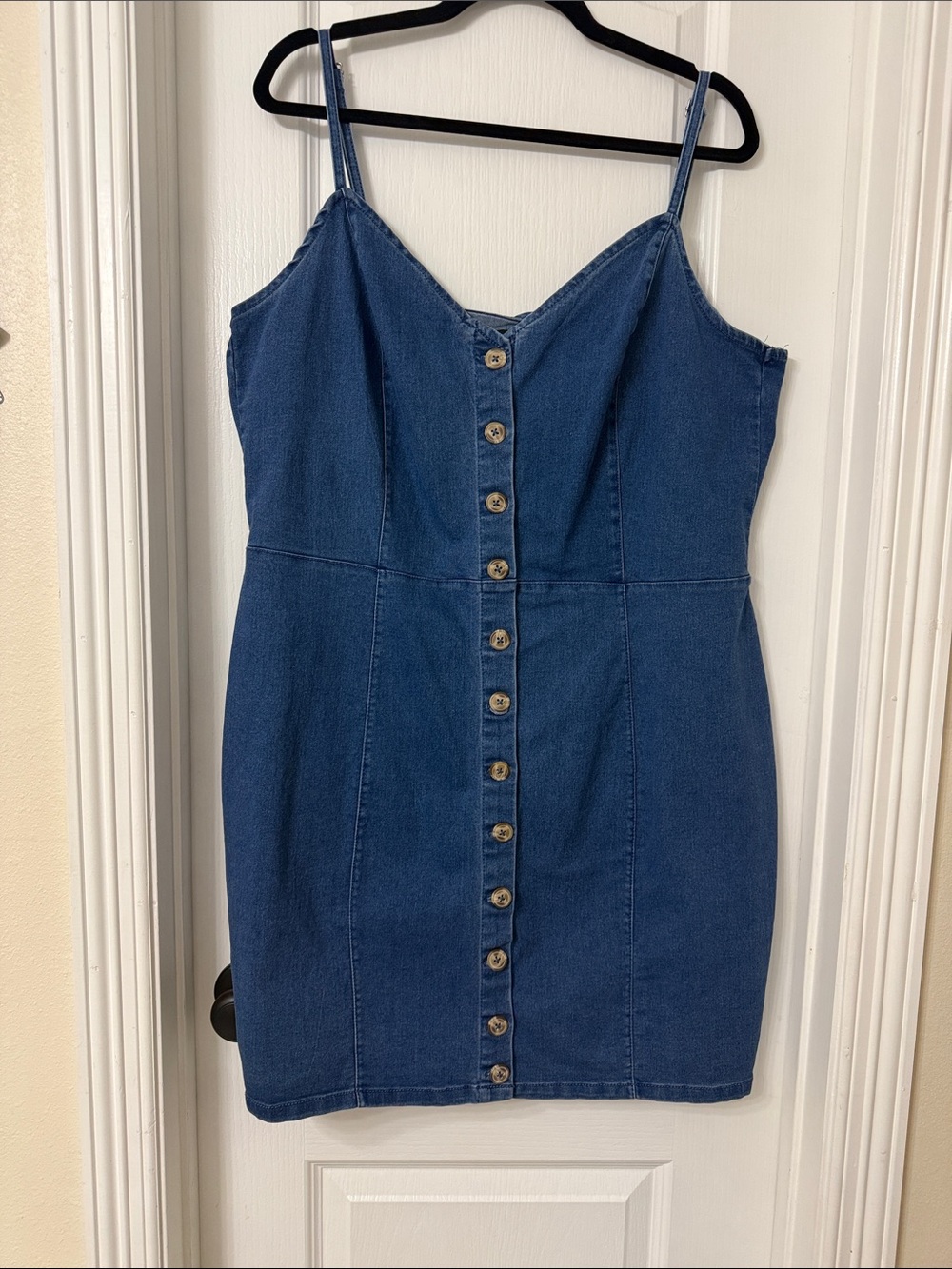 New Look blue denim bodycon stretch dress V-neck full button down front 2X